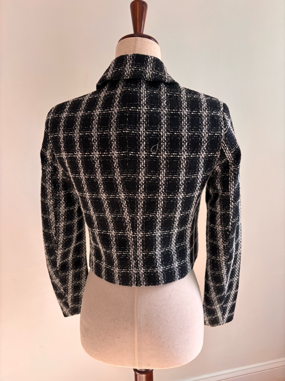 NWT Nine West XS Black White Tweed Cropped Blazer Plaid Jacket Classic Chic - Picture 2 of 6